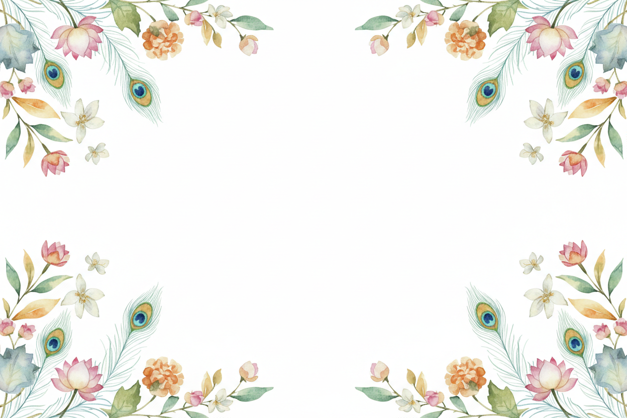 Light natural peacock feathers and flowers border